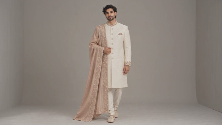 Royal Ivory Sherwani with Blush Pink Shawl