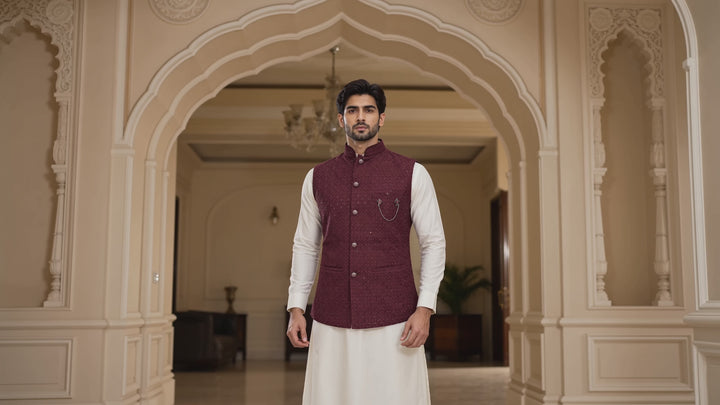 Burgundy Embroidered Men’s Waistcoat