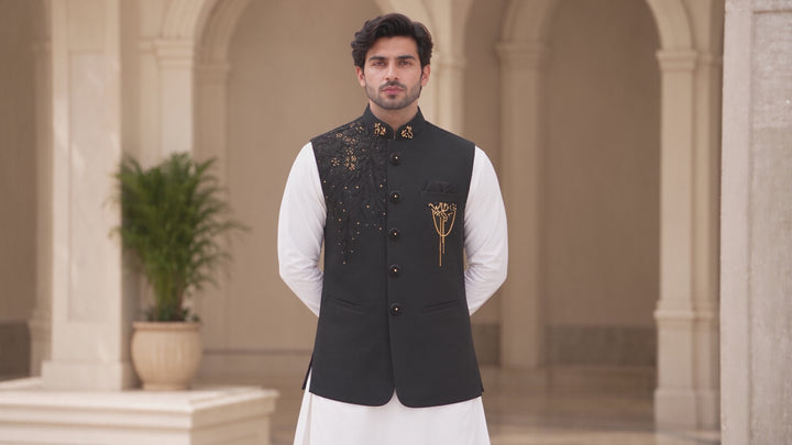 Royal Black & Gold Embellished Waistcoat